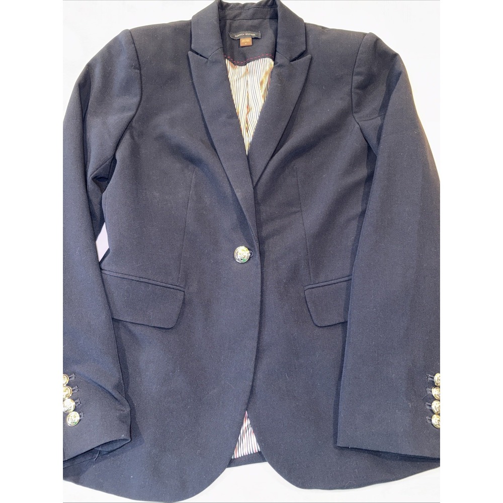 Tommy Hilfiger Blazer Womens 4 One Button Gold Stretch Lined Navy Blue Preppy
